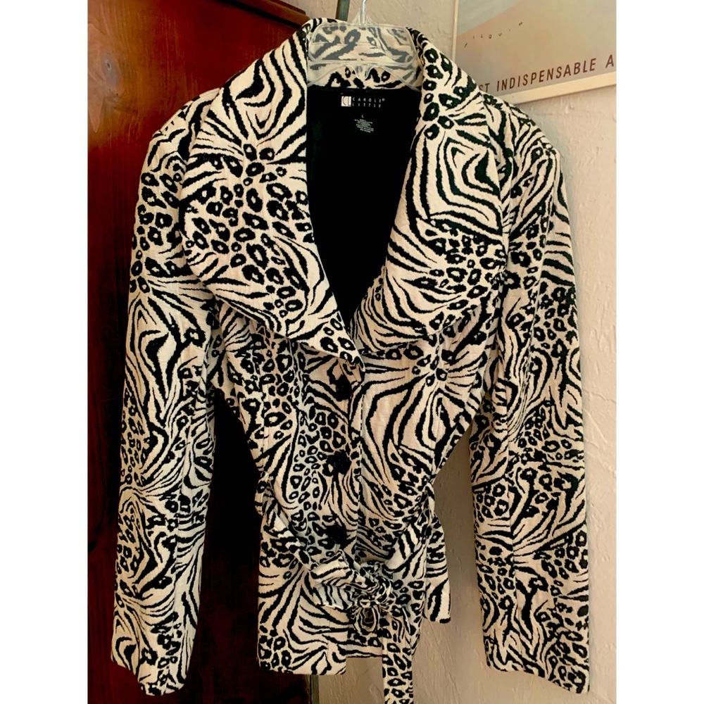 Carole Little Leopard Print Jacket Buttons & Self Tie Belt Size Large